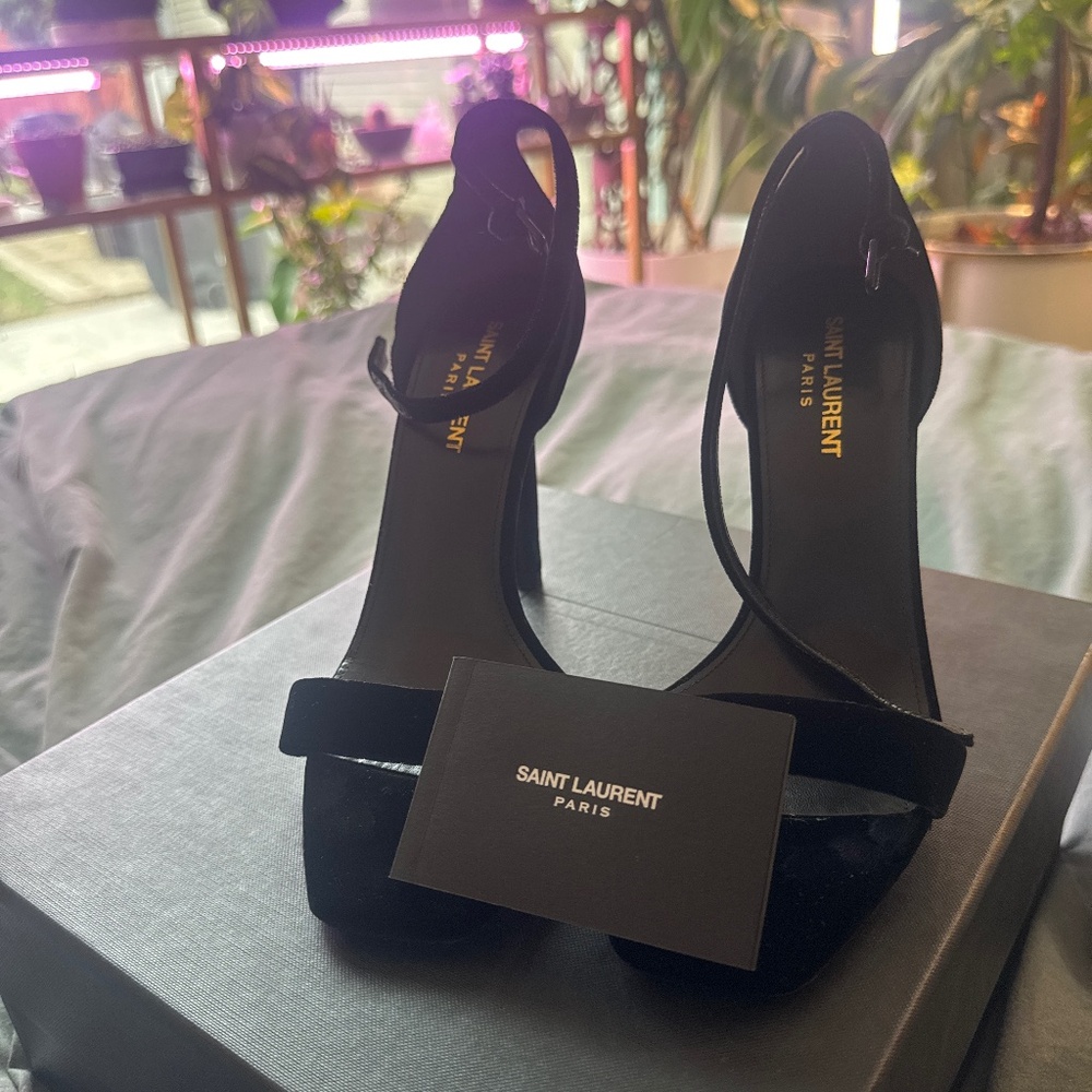 Saint Laurent 4 in heel with adjustable strap.